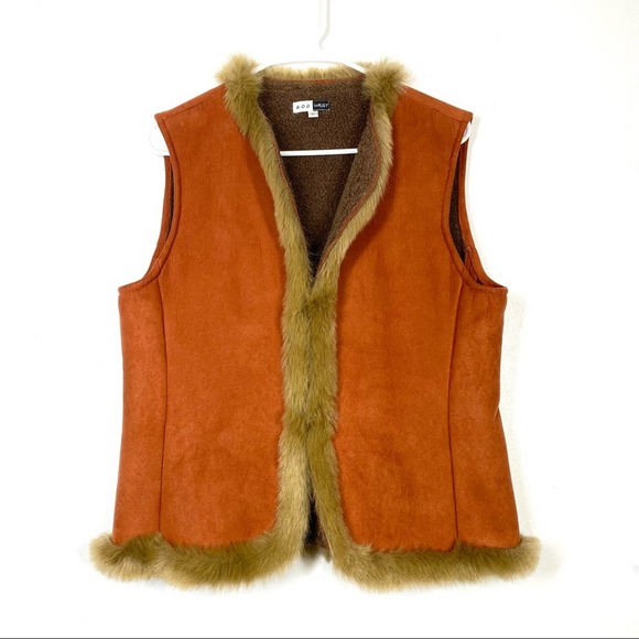 VINTAGE Faux Fur Y2K Vest Vegan Suede Orange Brown Festival 90s Boho Large - Picture 1 of 5